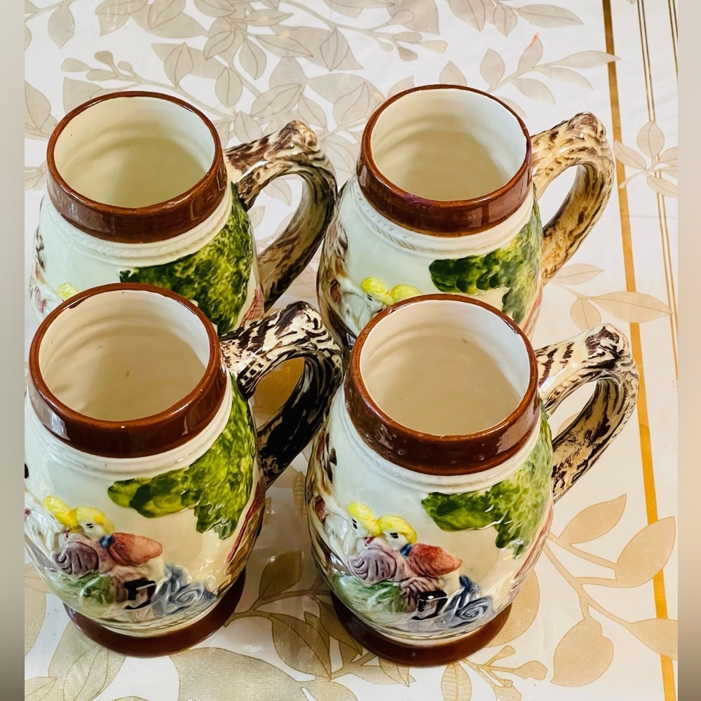 Vintage Lot/set Of  4  German Beer Ale Stein Mugs Ceramic Sz 7”